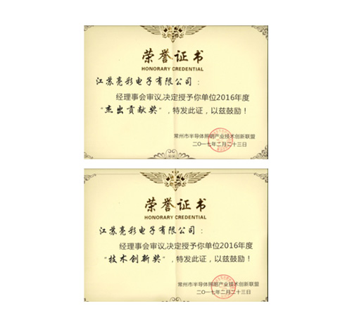 榮獲常州市半導(dǎo)體照明產(chǎn)業(yè)技術(shù) 創(chuàng)新聯(lián)盟頒發(fā)的“杰出貢獻(xiàn)獎”、 “協(xié)助獎”以及“年度先進(jìn)個人獎”